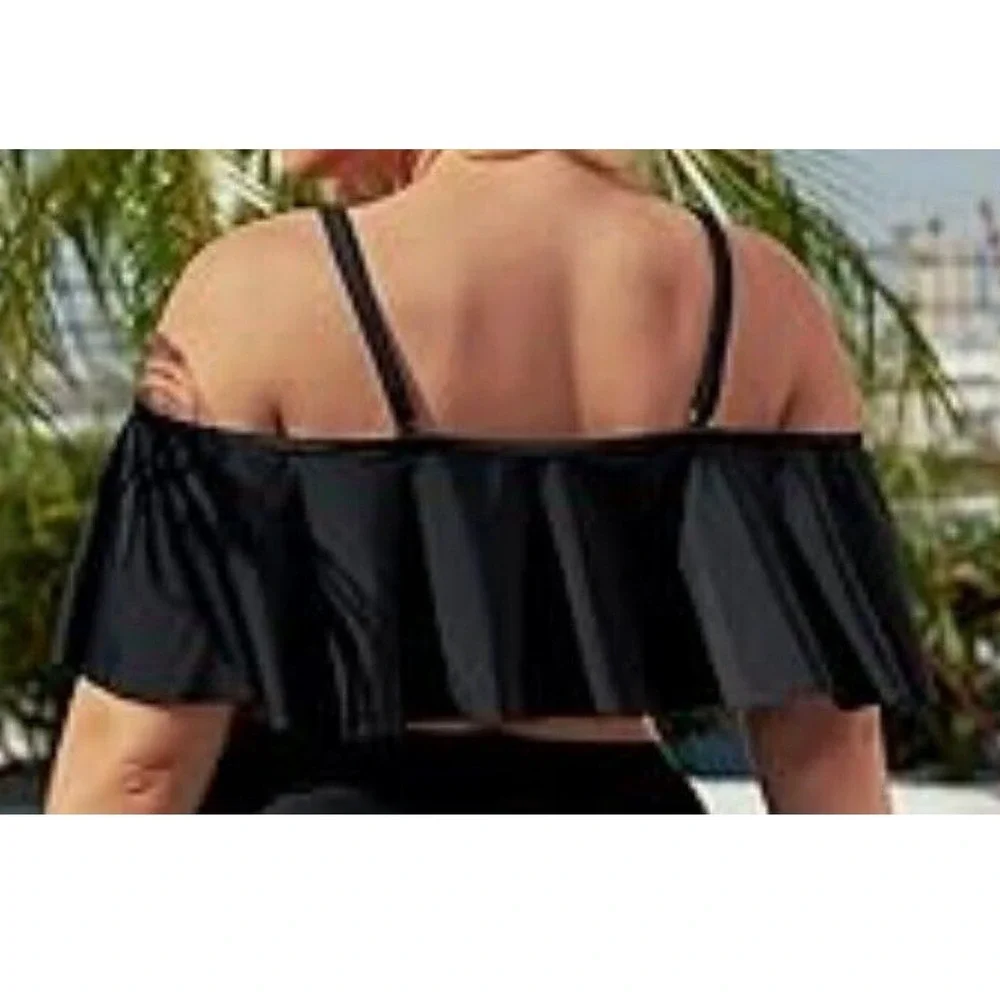 Daci Womens Plus Size XL Black Ruffle Off the Shoulder Lace Up Bikini Swim Top